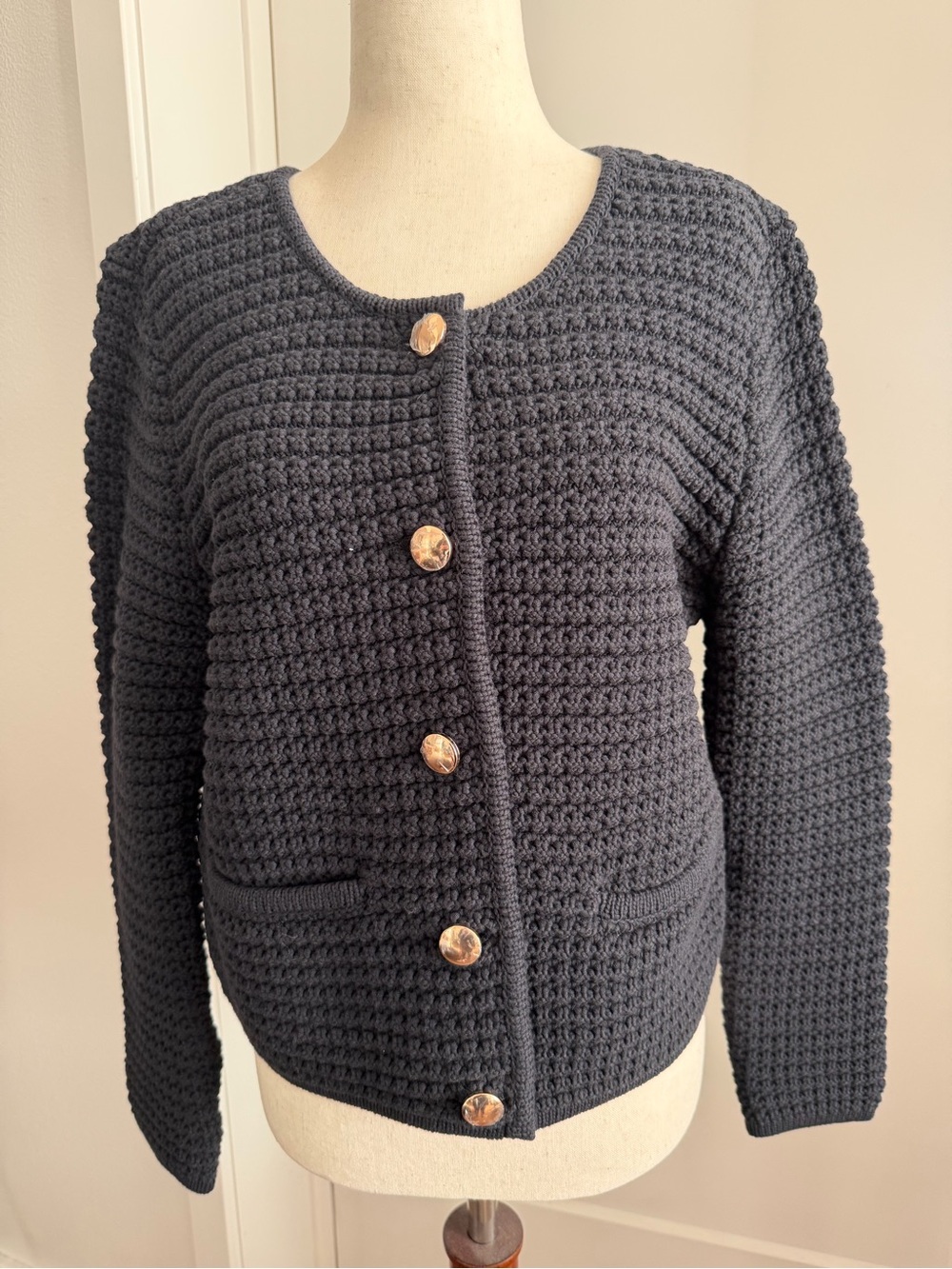 PAIGE Black Waffle-Knit Button Cardigan with Gold Buttons